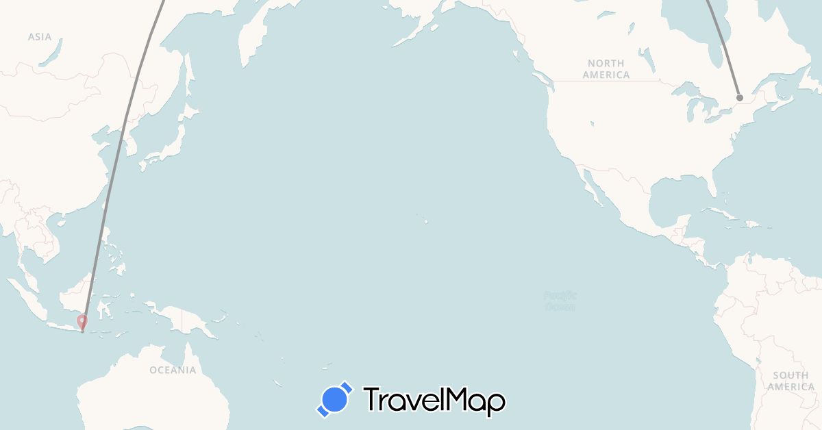 TravelMap itinerary: plane, hiking in Canada, Indonesia (Asia, North America)